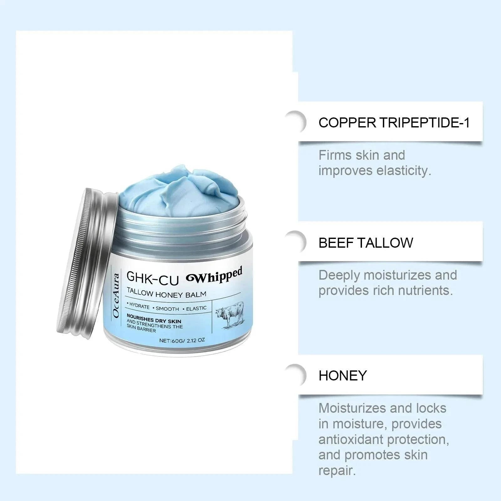 Blue Manuka honey and copper peptide GHK-Cu Tallow balm by Aurenza Shop for mature, dry, and sensitive facial and body skin hydration.
