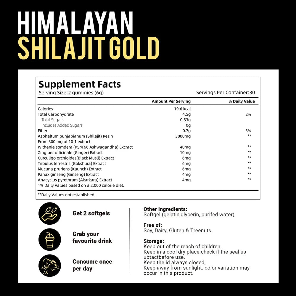 Himalayan Shilajit Gummies with Ashwagandha & Gokshura | 85+ Trace Minerals & Fu
