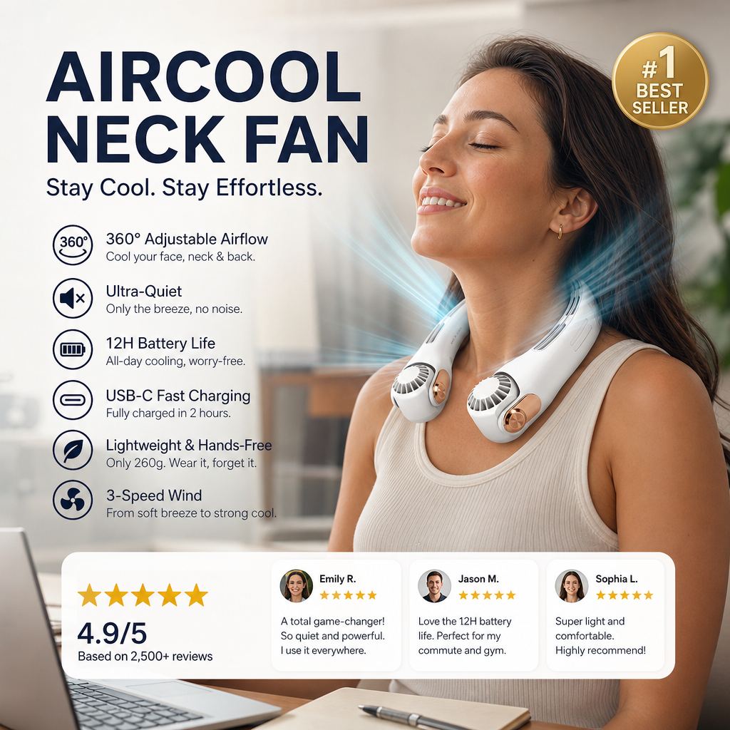 🥳2026 HOT SALE🥳💨 50% OFF!🍃 Neck Air Conditioner Fan – Ultra‑quiet, 360° rotating, 3 speeds. Hands‑free cooling, long battery. Summer essential! 😎🌬️