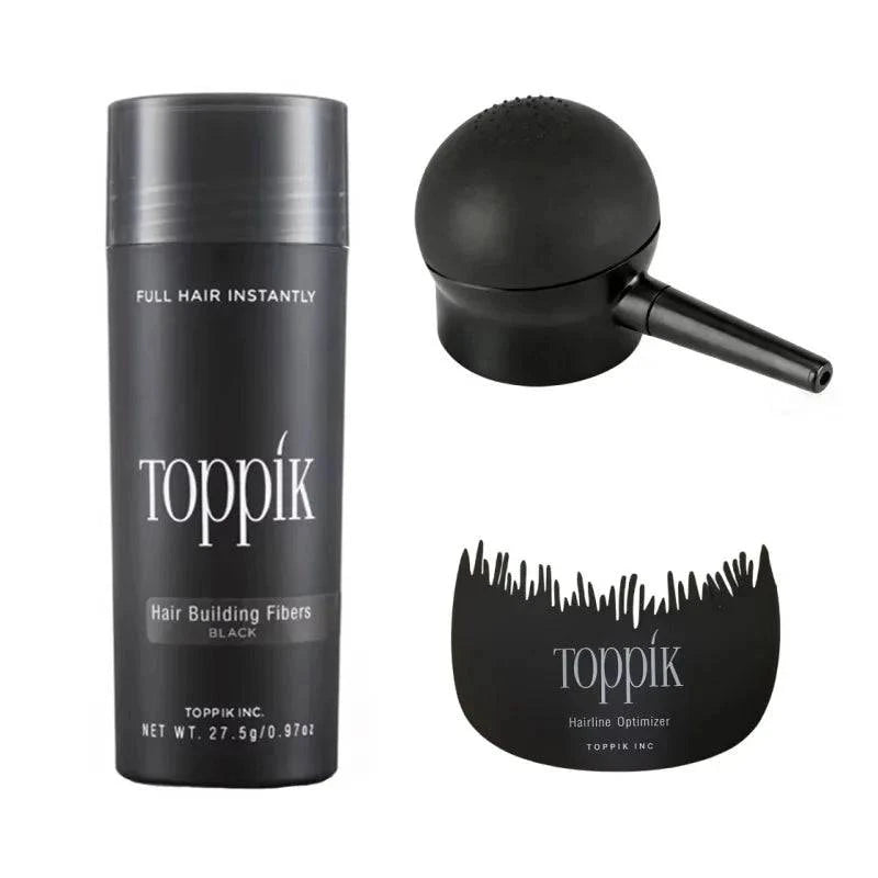 A set of black Toppik Hair Building Fibers by Aurenza Shop for men and women, designed to instantly create thicker, fuller-looking hair.