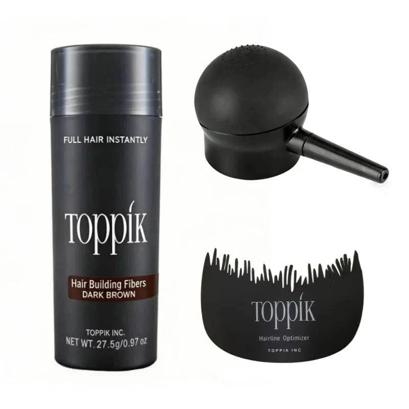 Dark brown Toppik Hair Building Fibers by Aurenza Shop for men and women to instantly create thicker, fuller-looking hair.