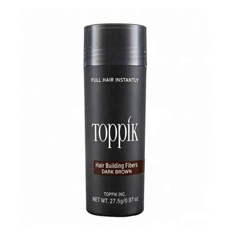 Dark brown Toppik Hair Building Fibers by Aurenza Shop for men and women, instantly adds thickness and fullness to thinning hair.