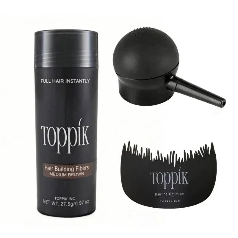 Aurenza Shop Toppik Hair Building Fibers in medium brown, designed to instantly make fine or thinning hair look thicker and fuller.