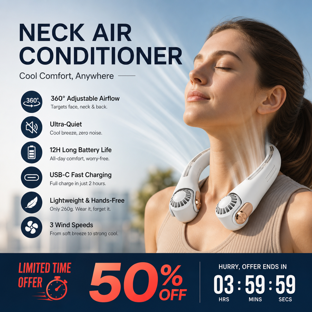 🥳2026 HOT SALE🥳💨 50% OFF!🍃 Neck Air Conditioner Fan – Ultra‑quiet, 360° rotating, 3 speeds. Hands‑free cooling, long battery. Summer essential! 😎🌬️