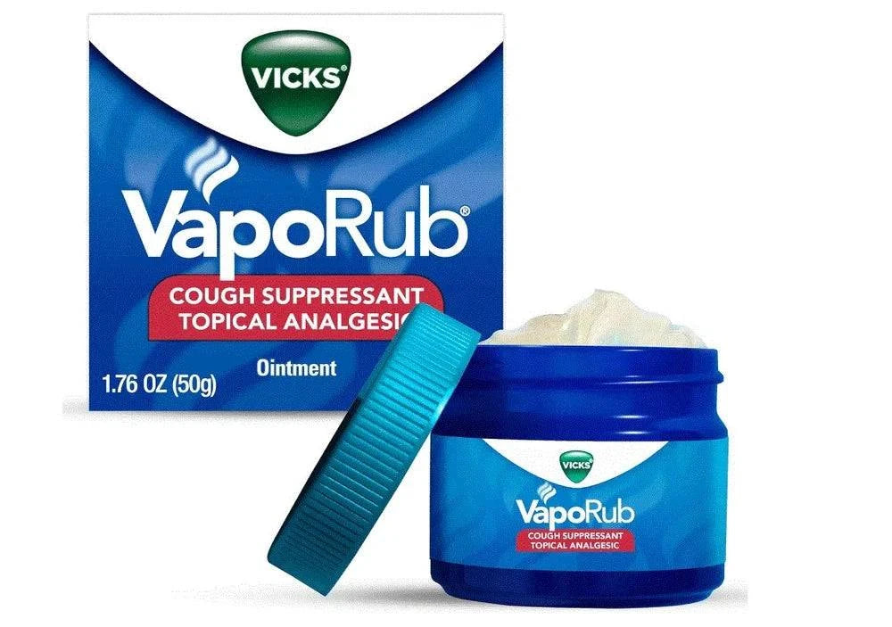 Vicks Vaporub ointment 1.76 oz jar by Vicks, shown in a close-up image of the medicated topical ointment for cold relief