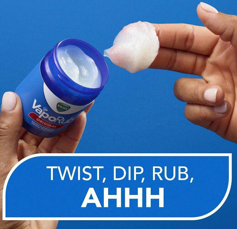 Vicks Vaporub ointment jar, 1.76 oz, with blue and white labeling, designed for relief of cough and cold symptoms.